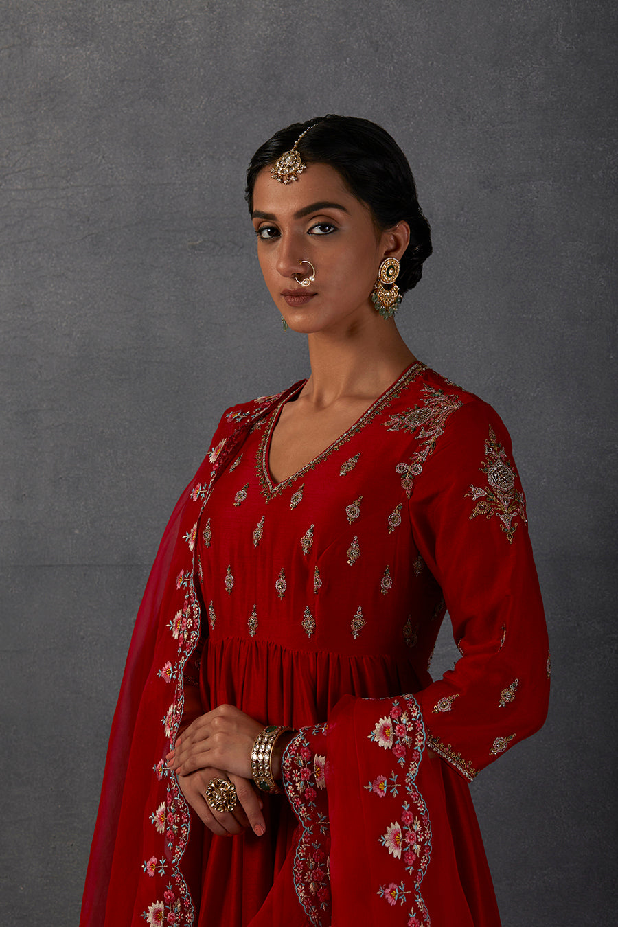 Red Chanderi Printed Embroidered Anarkali Set