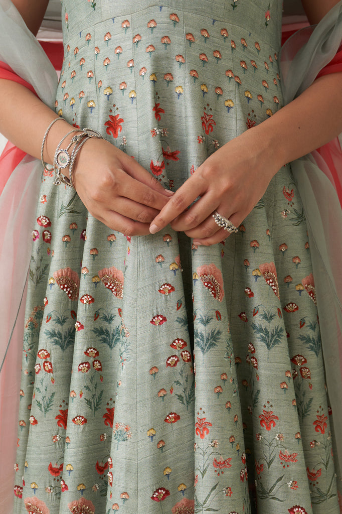 Aqua Dupion Printed &amp; Emb. Anarkali Set
