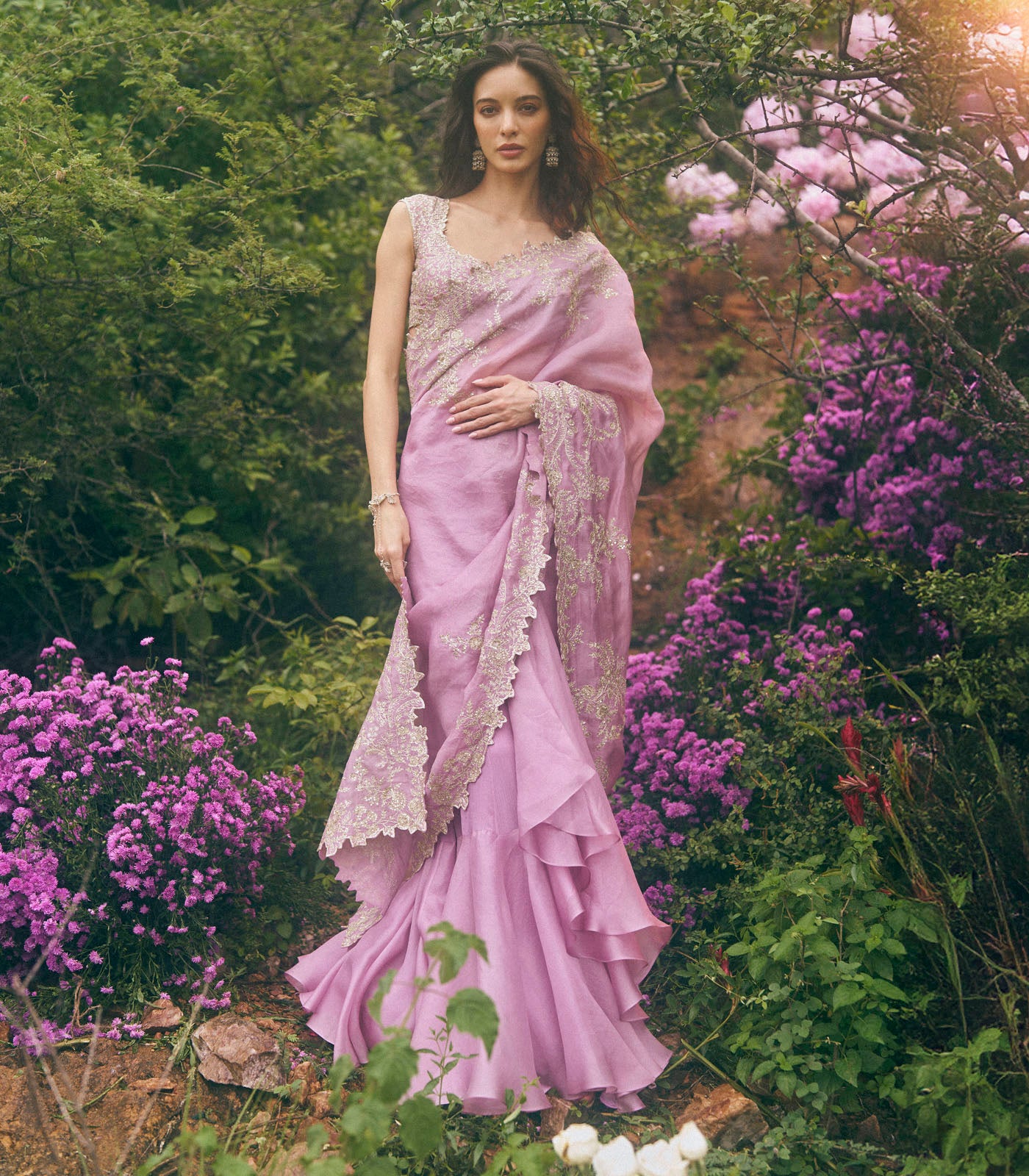 Aari Work Ruffle Saree Set - Lavender