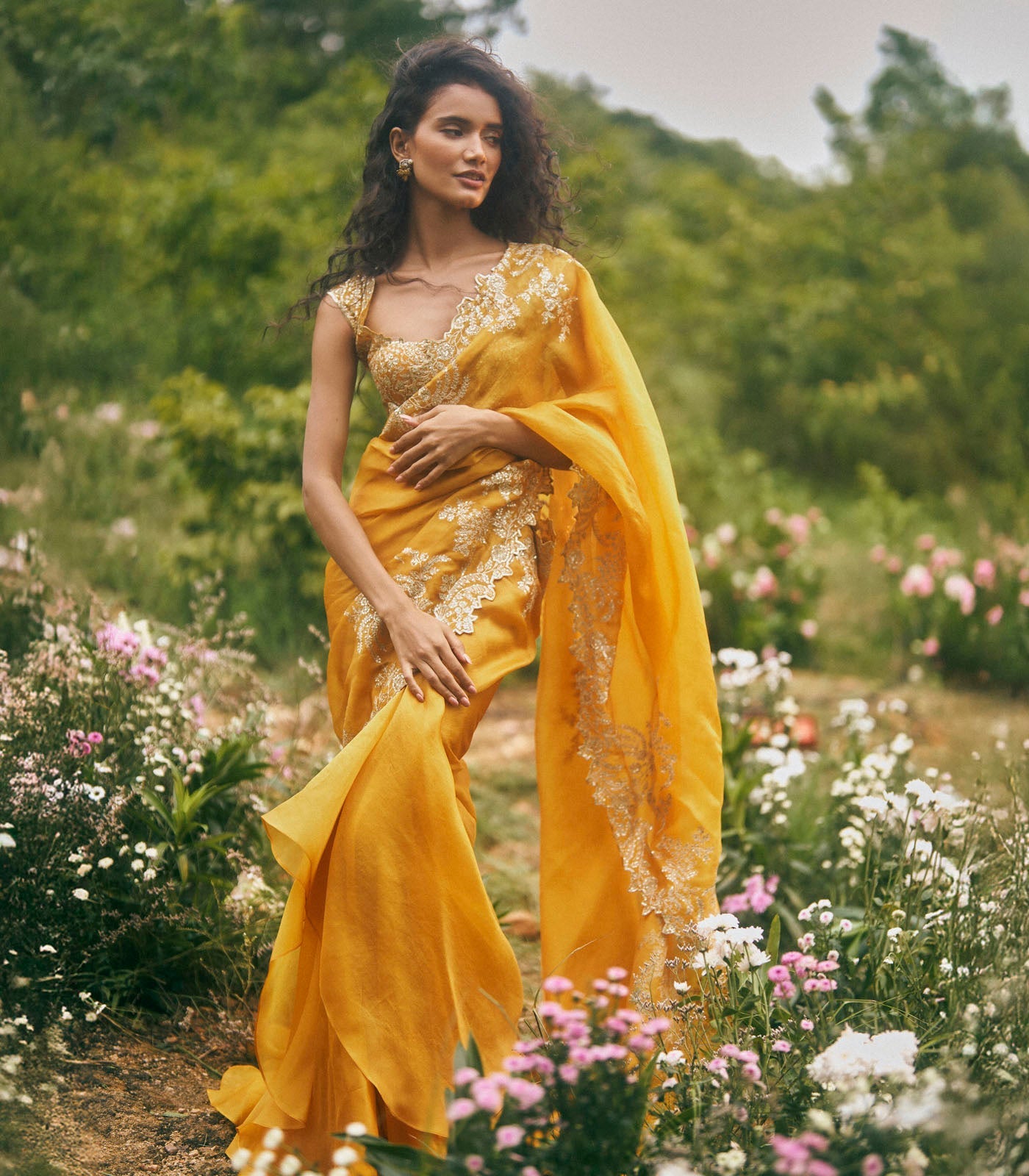 Aari Work Ruffle Saree Set - Yellow