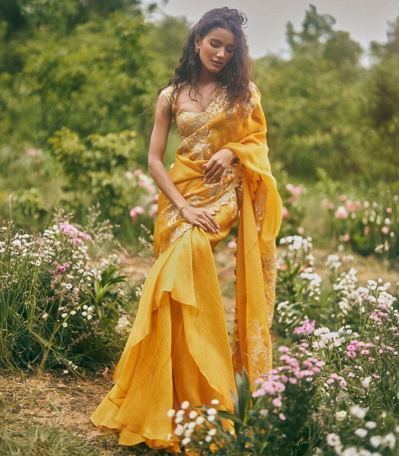 Aari Work Ruffle Saree Set - Yellow