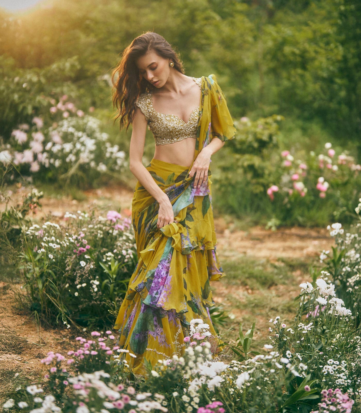 Akhila Printed Ruffle Saree Set - Yellow