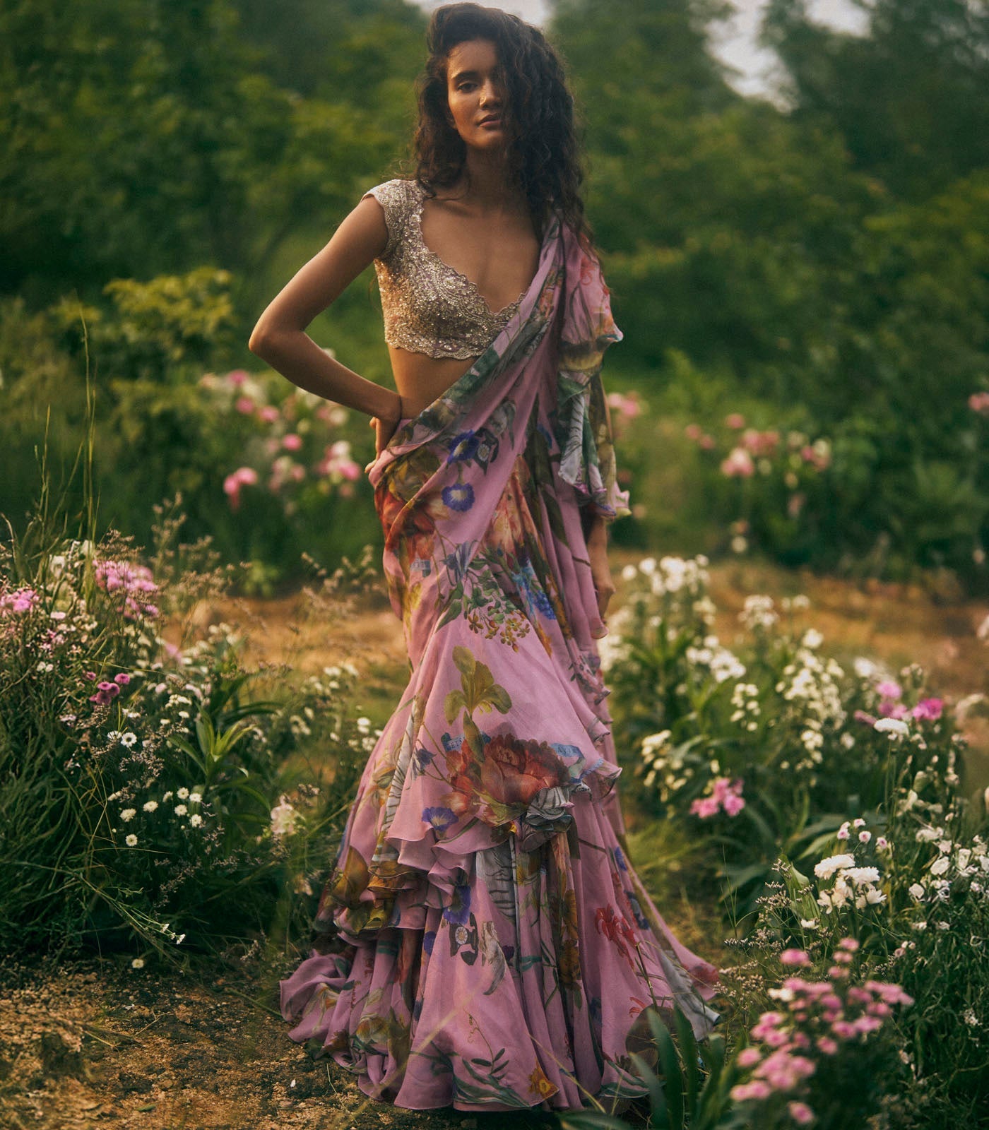 Akhila Printed Ruffle Saree Set - Pink