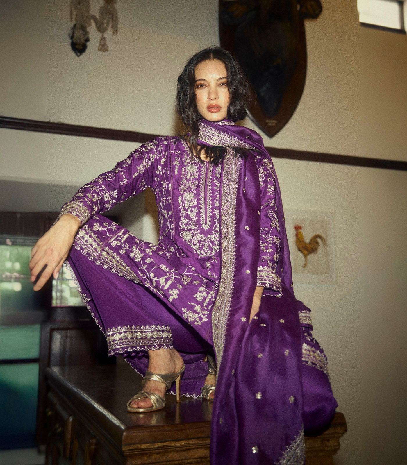 Aari Parrot A Line Kurta Set - Purple
