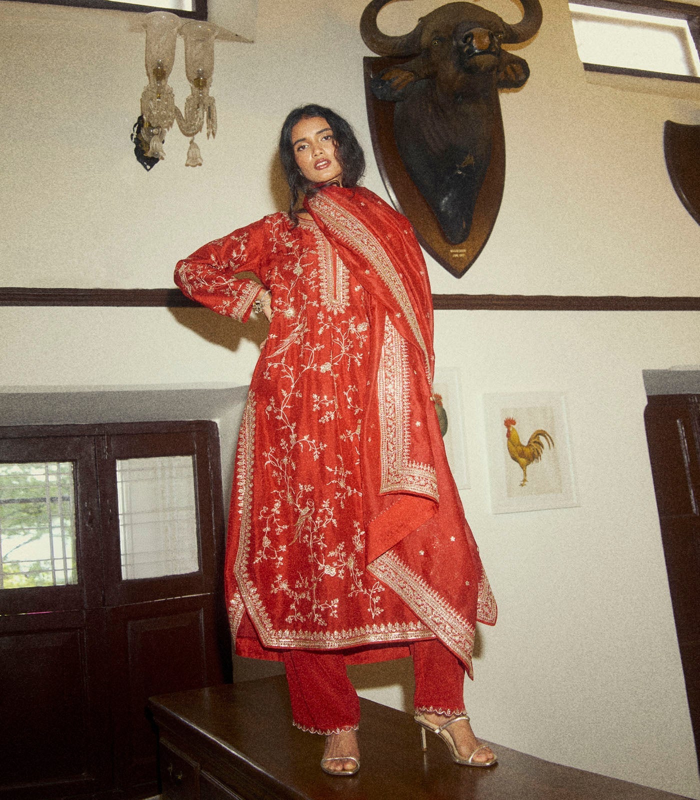 Aari Parrot Straight Cut Kurta Set - Red