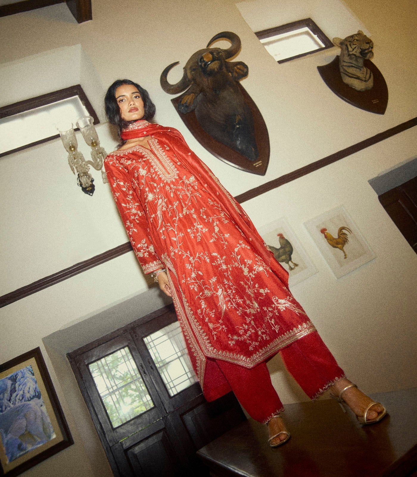 Aari Parrot Straight Cut Kurta Set - Red