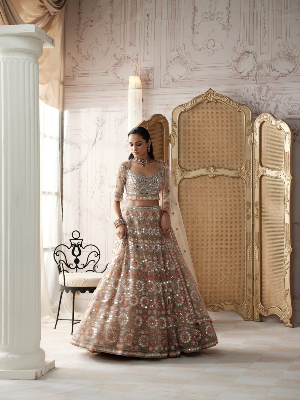 Champagne Mosaic Embroidered Lehenga Set