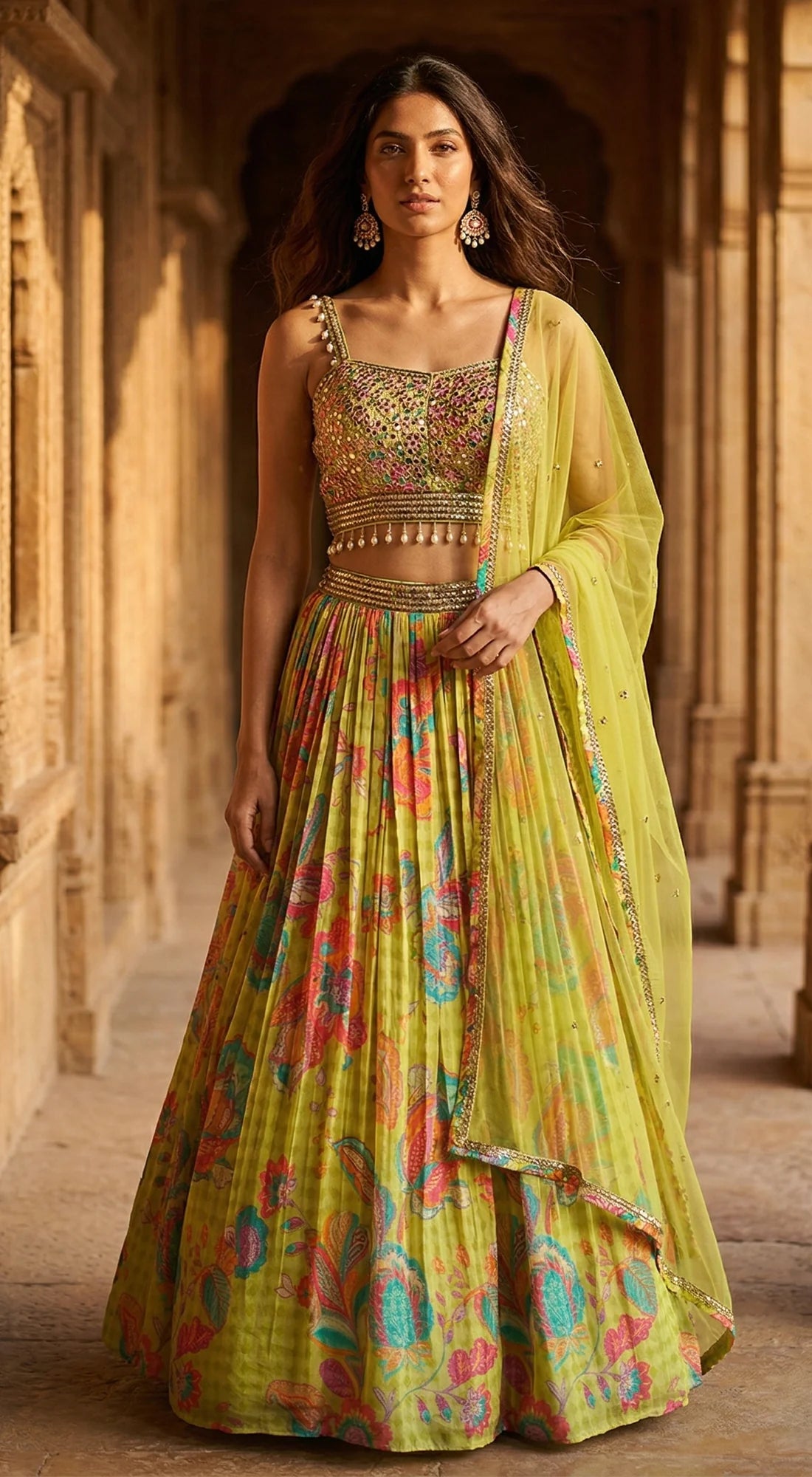 Lime Crepe Embroidered Lehenga Set - Ready to Ship
