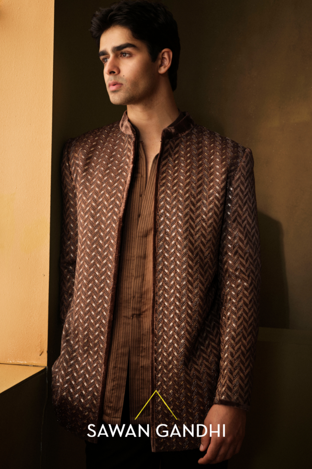 Brown Sequin With Bead Work Bandhgala