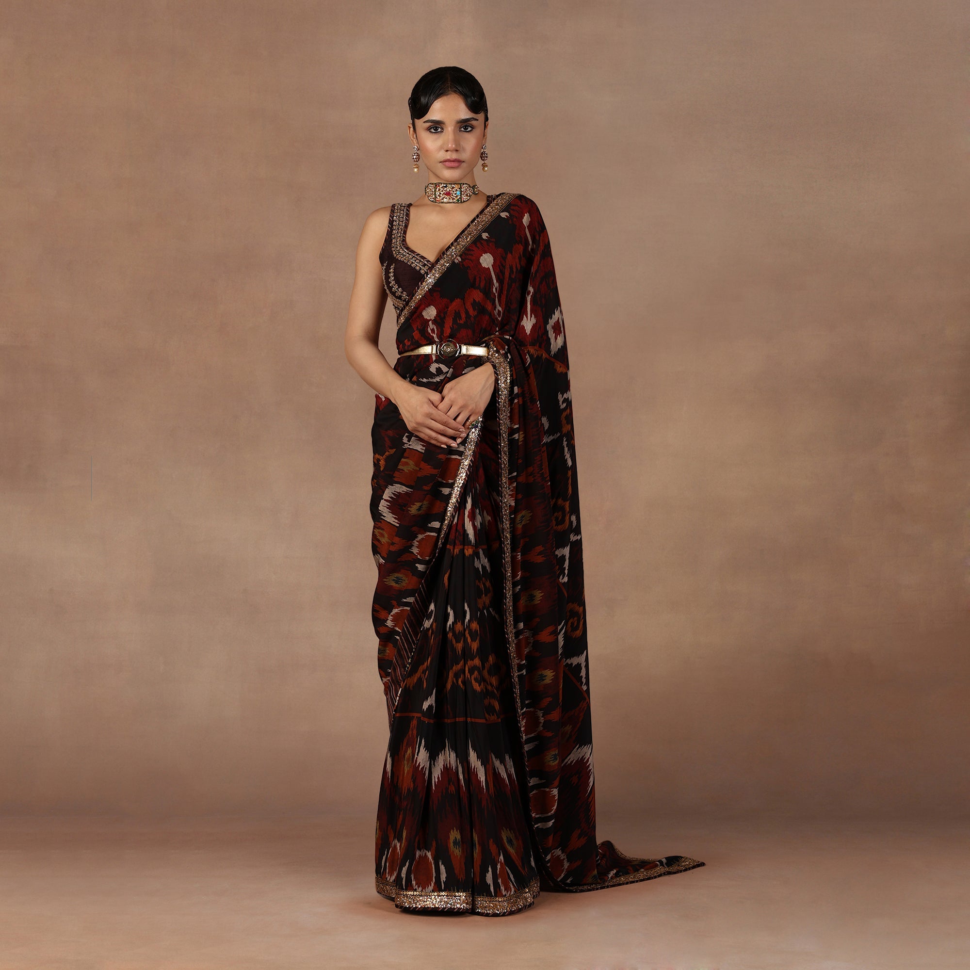 Burgundy Ikat Saree Set