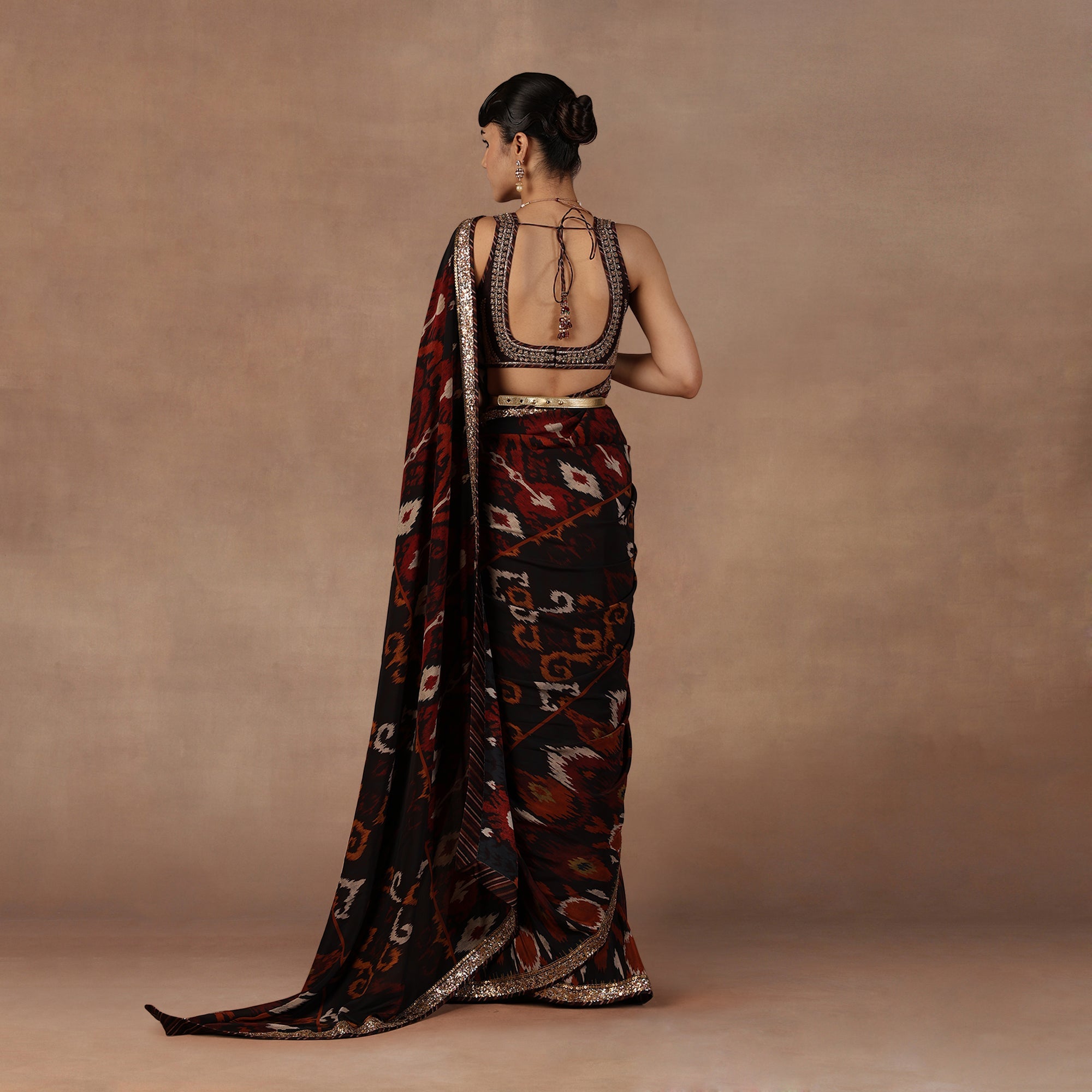Burgundy Ikat Saree Set