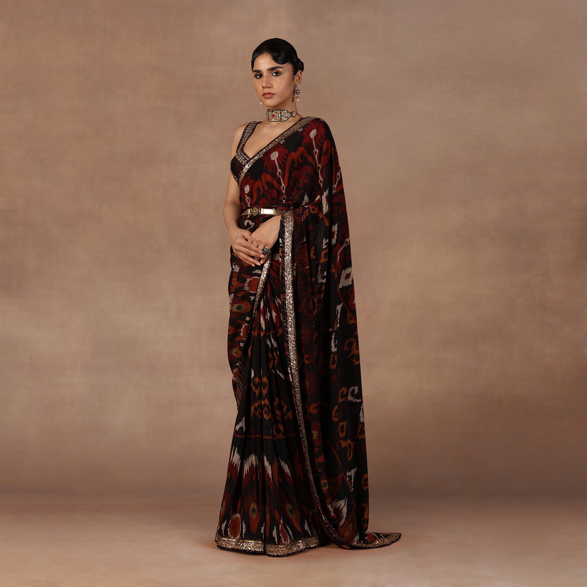 Burgundy Ikat Saree Set
