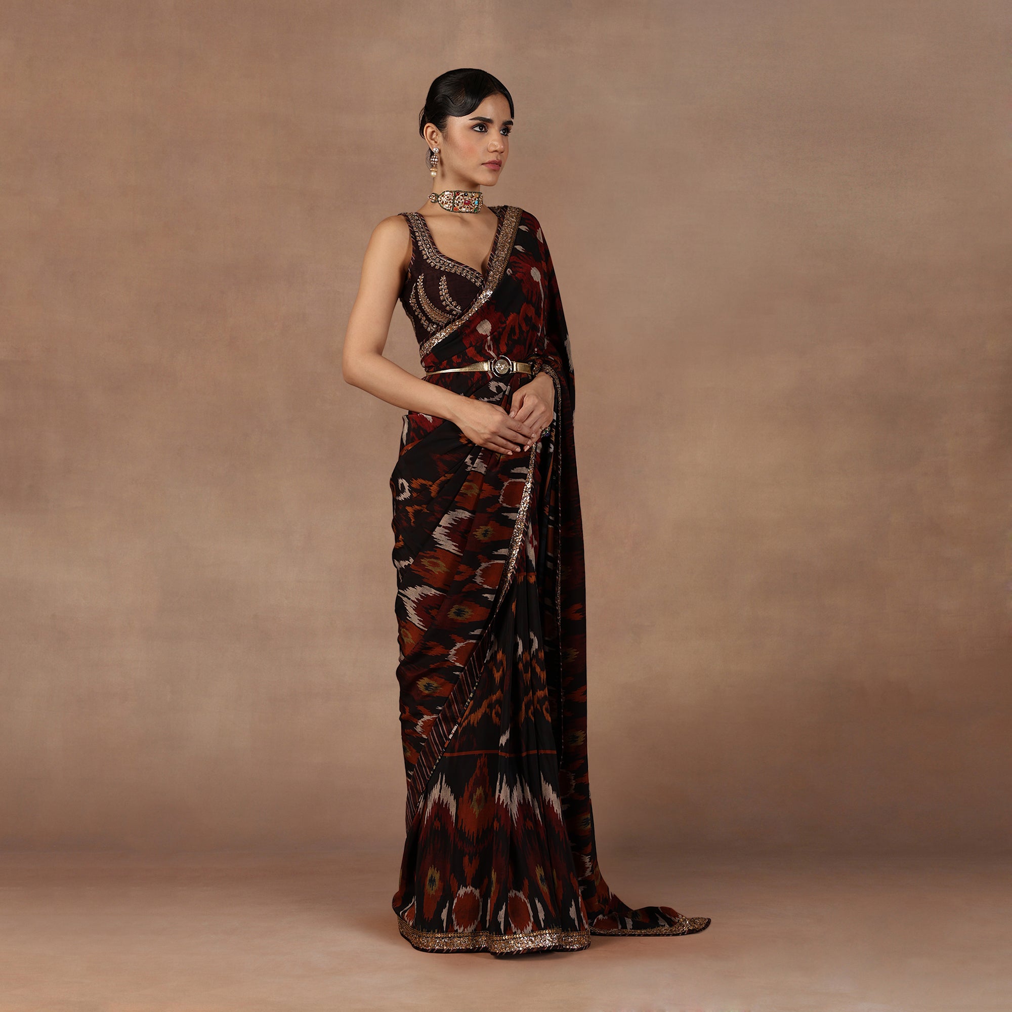 Burgundy Ikat Saree Set