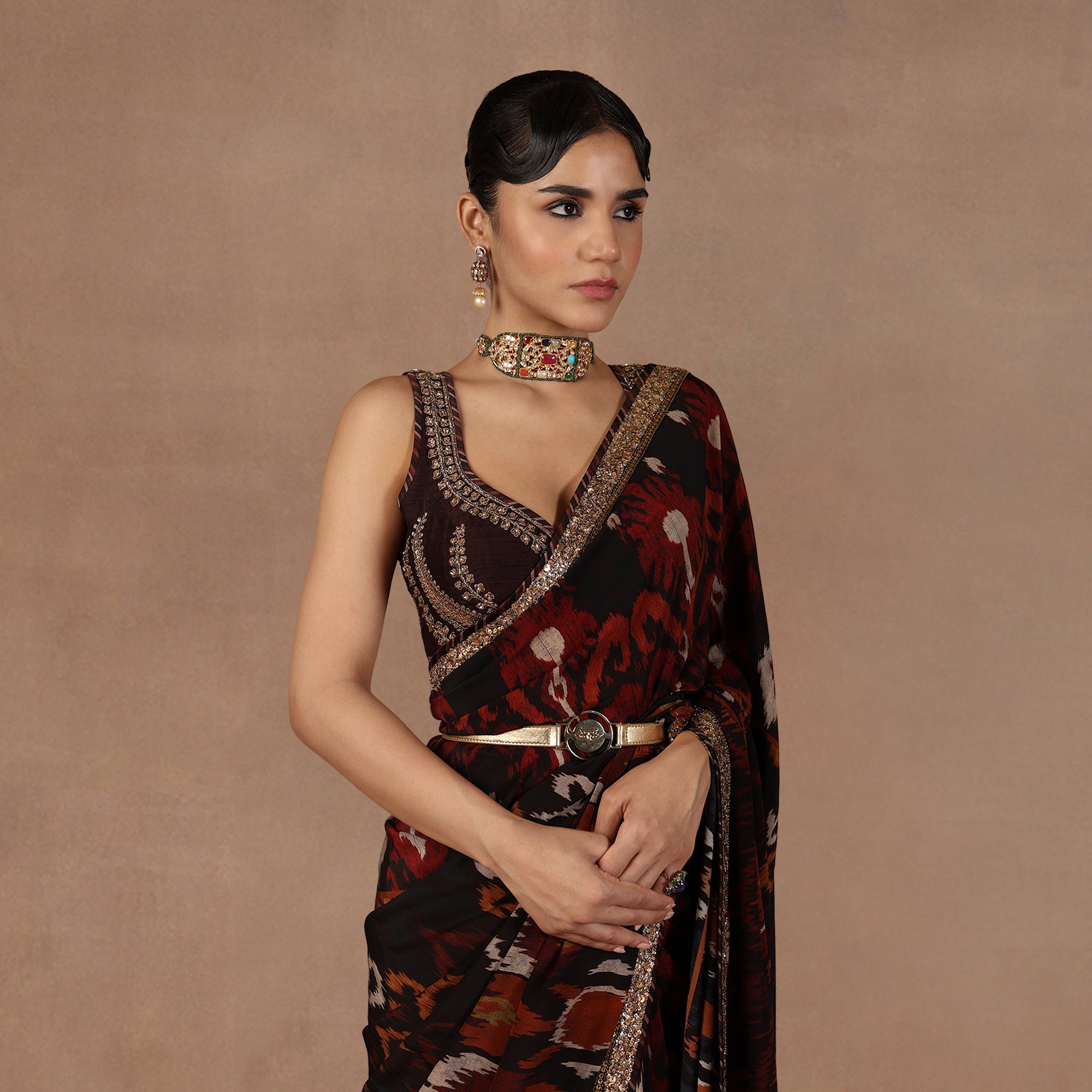 Burgundy Ikat Saree Set