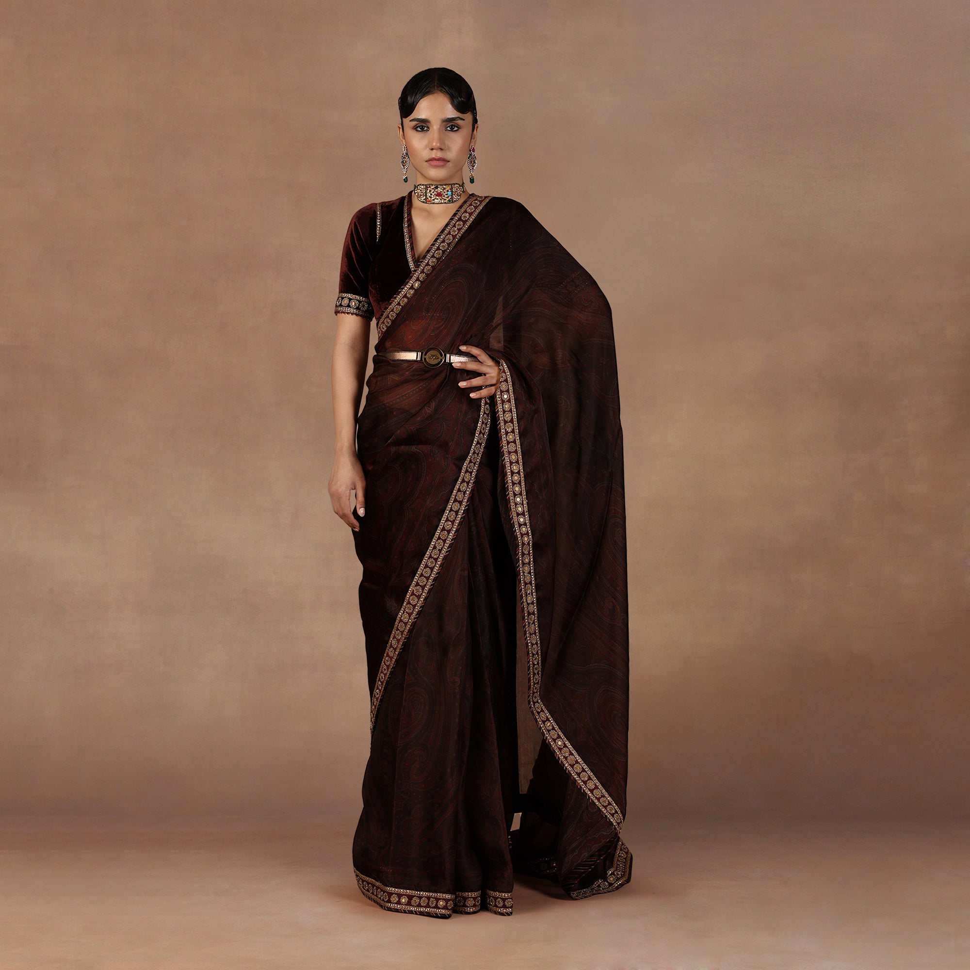 Burgundy Jamawar Saree Set