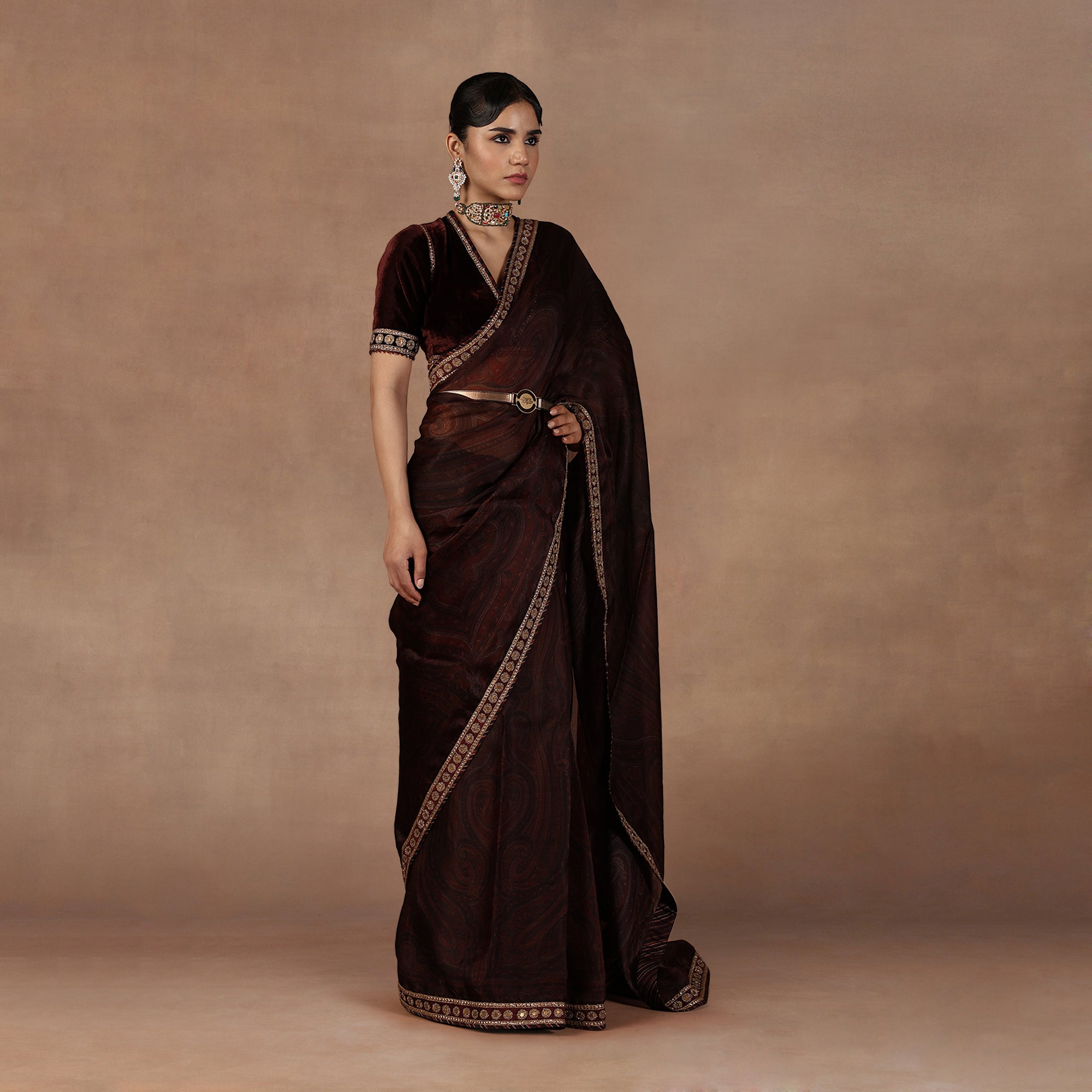 Burgundy Jamawar Saree Set