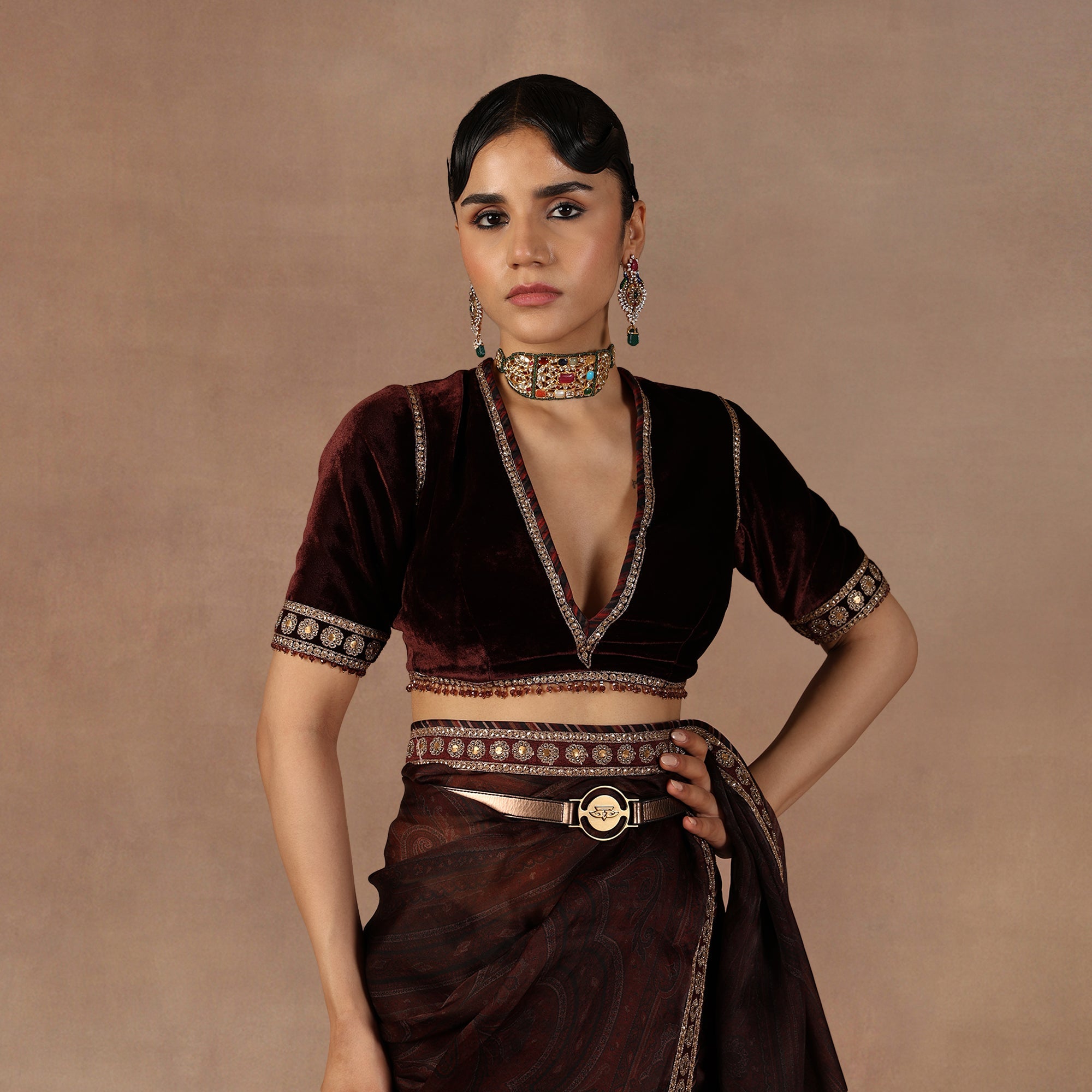 Burgundy Jamawar Saree Set