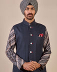Midnight Blue Tonal Chevron Nehru Jacket