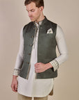 Olive Green Tonal Chevron Nehru Jacket