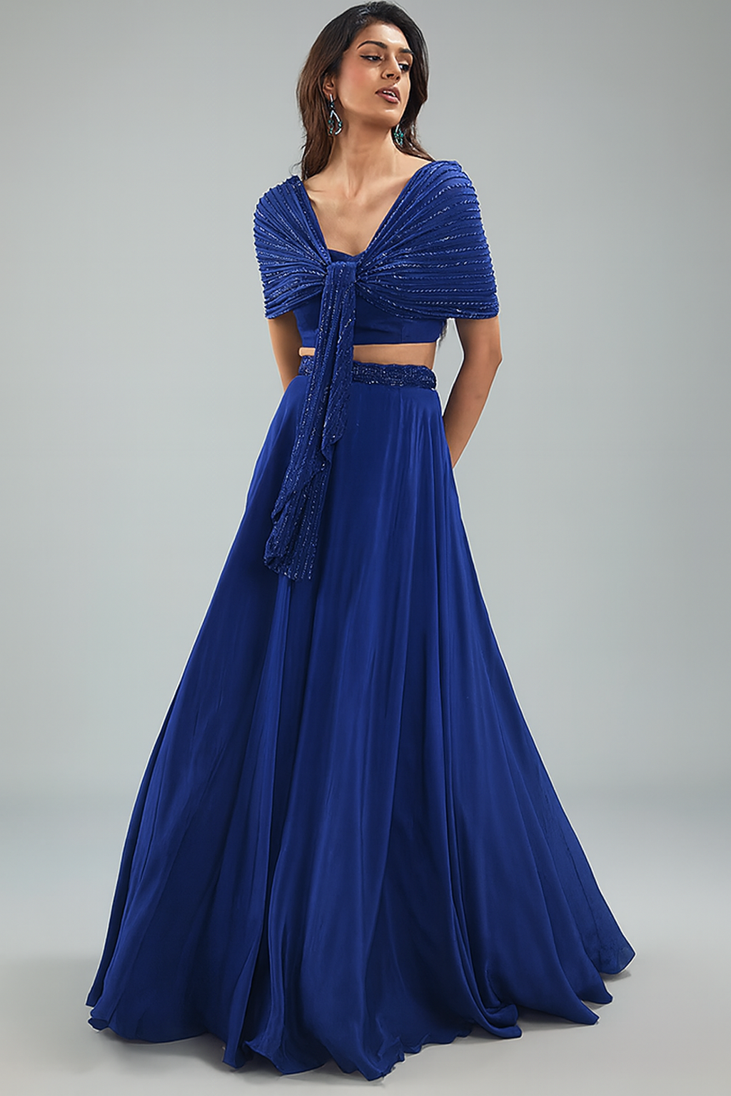 Blue Crepe Hand Embroidered Skirt Set - Ready to Ship