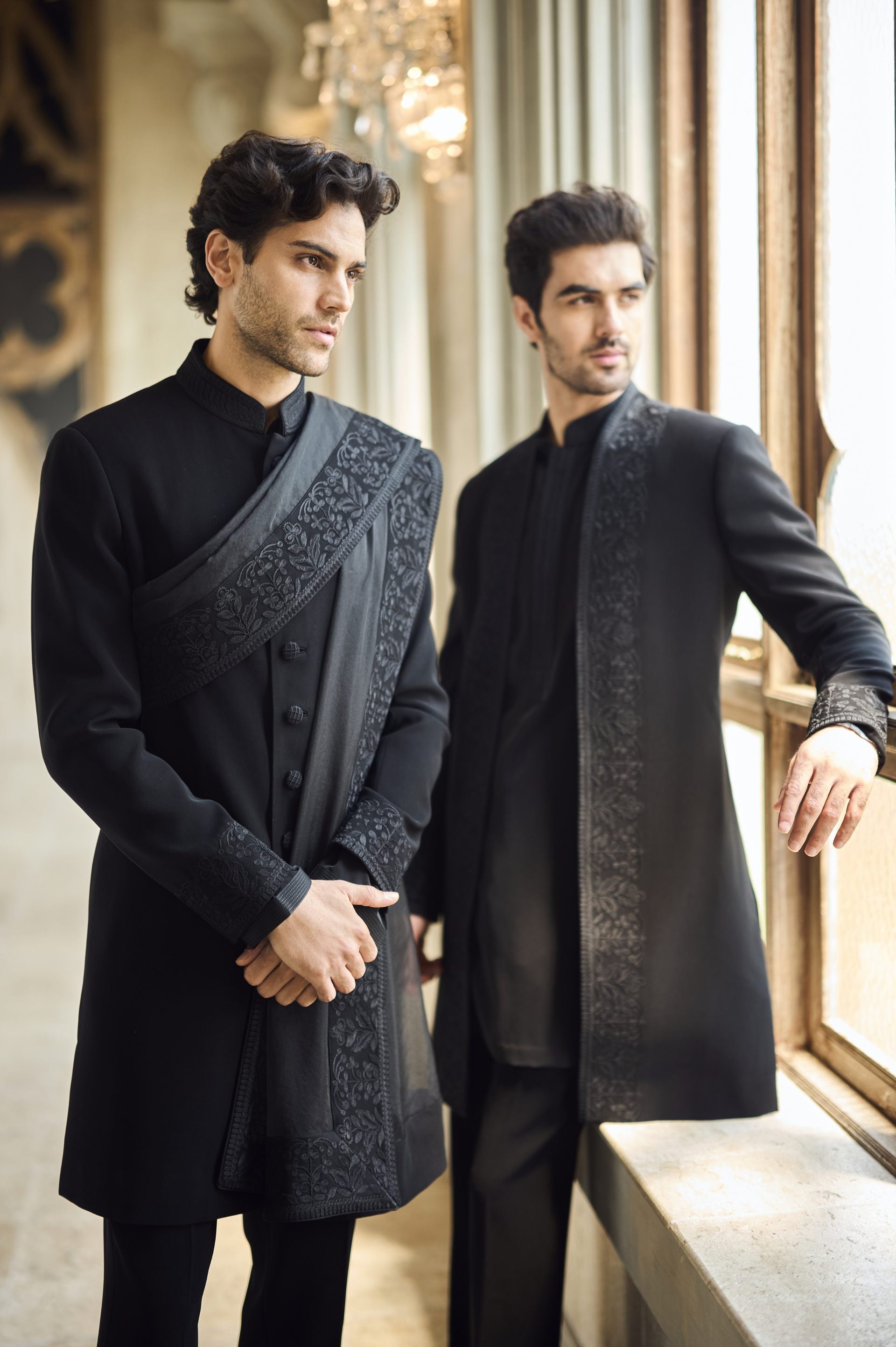 Black Thread Work Open Jacket Set - Ready to Ship
