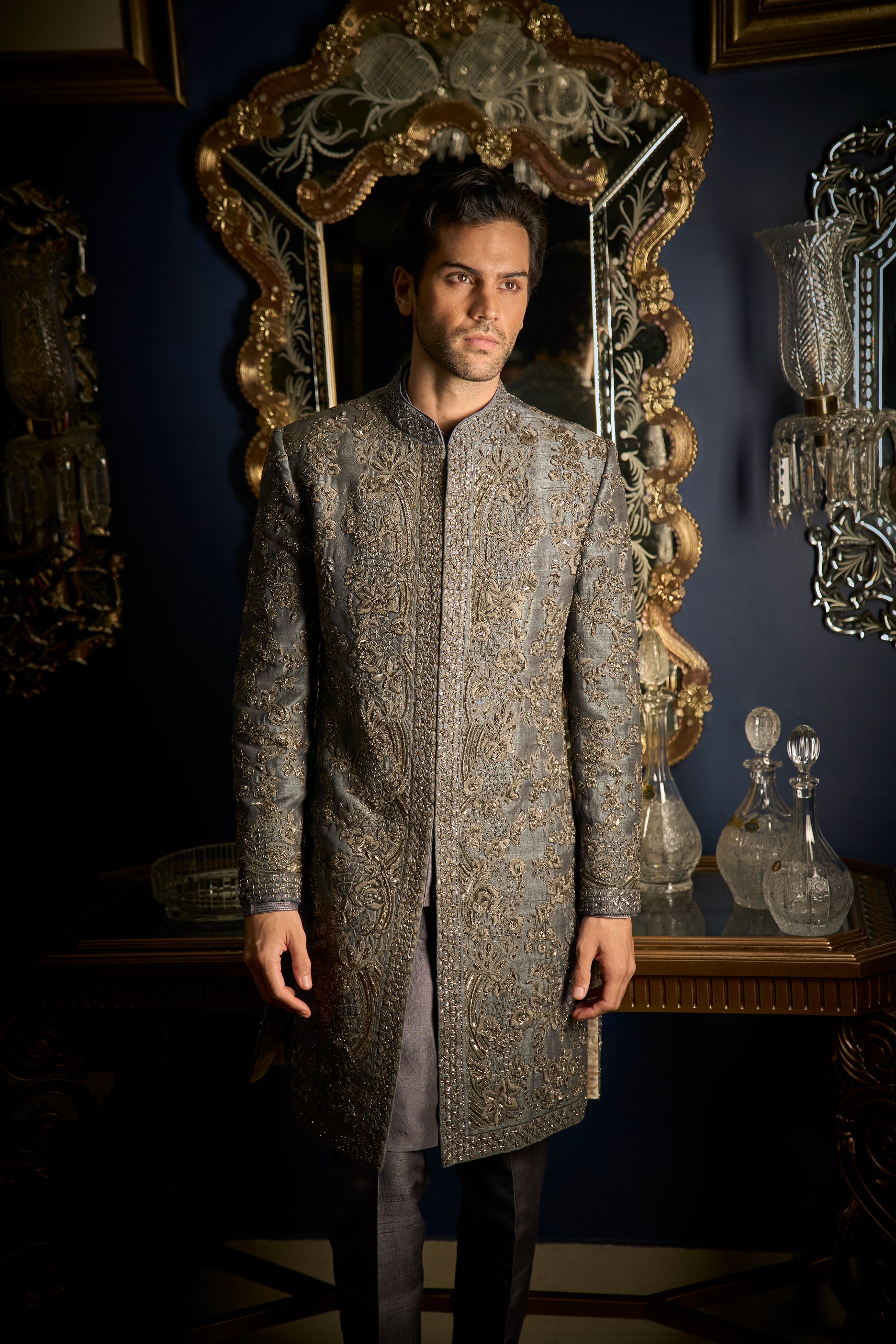 Steel Grey Sherwani Set - Ready to Ship