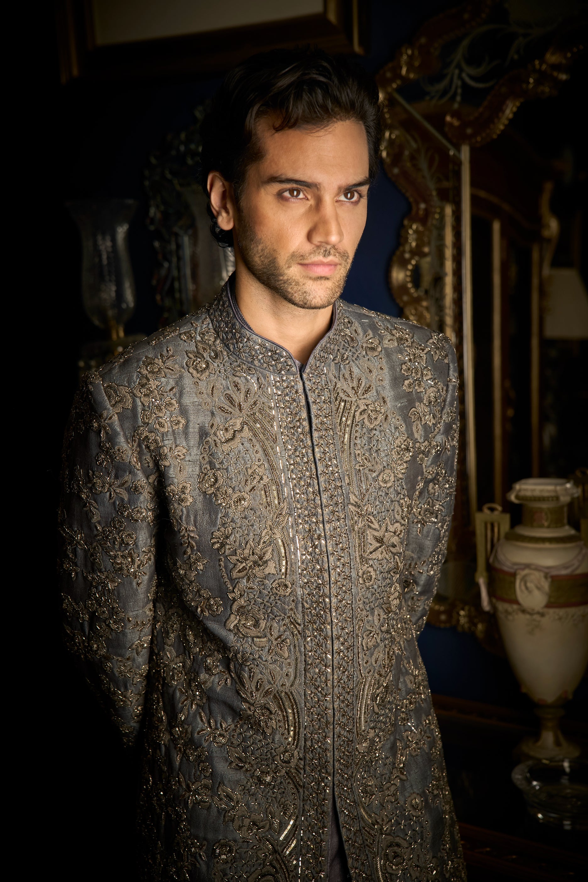 Steel Grey Sherwani Set - Ready to Ship