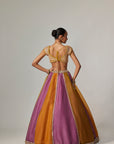 Mustard Multicolor Linear Lehenga With Cap Sleeve Blouse