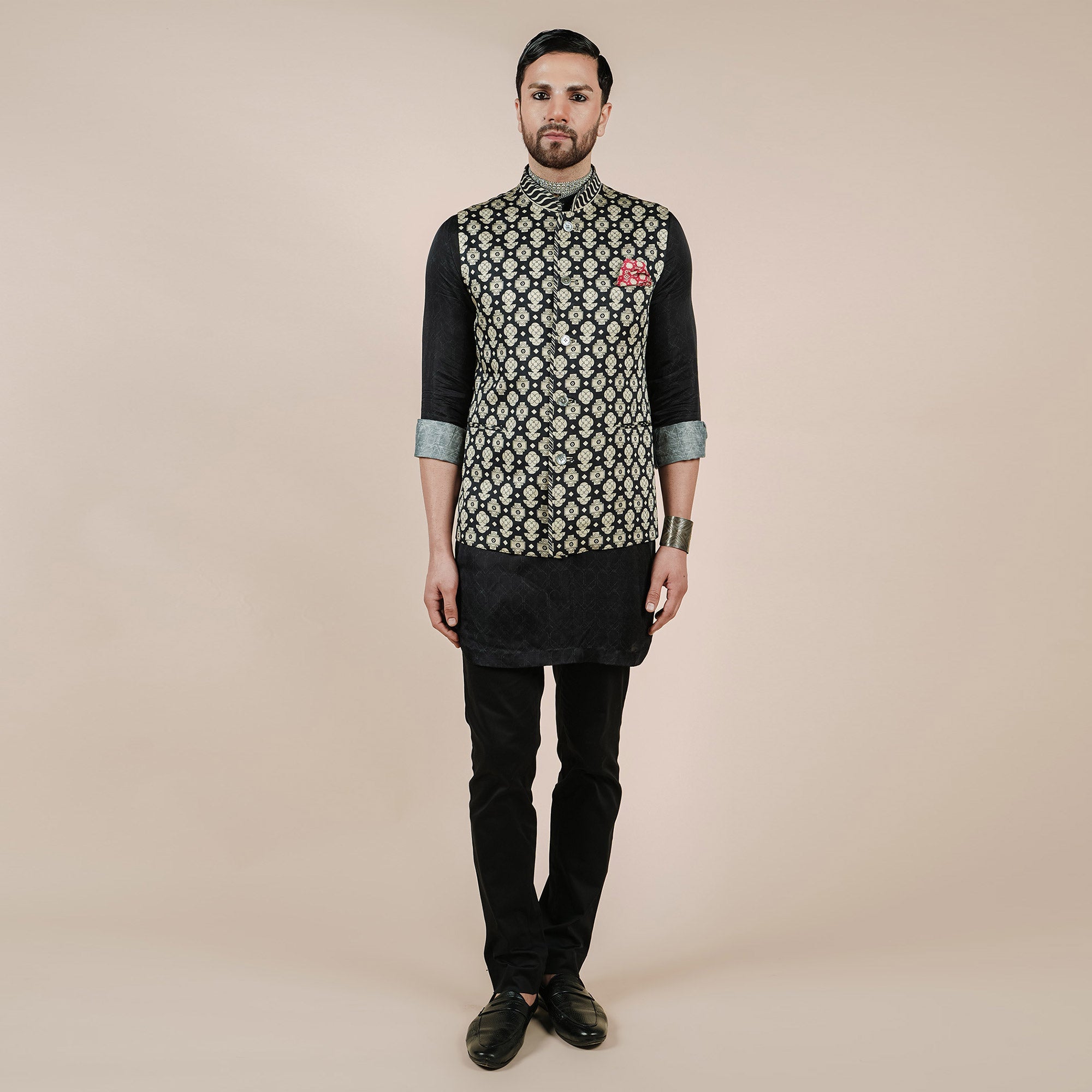 Creme Ivory Printed Nehru Jacket