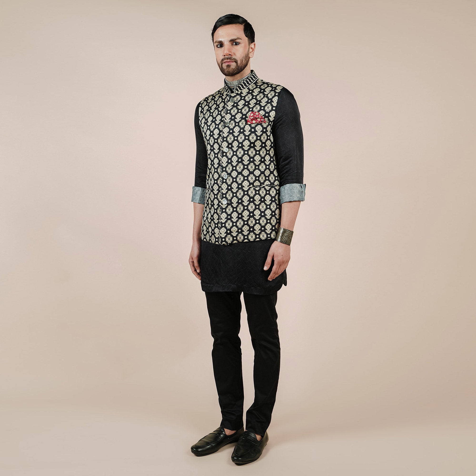 Creme Ivory Printed Nehru Jacket