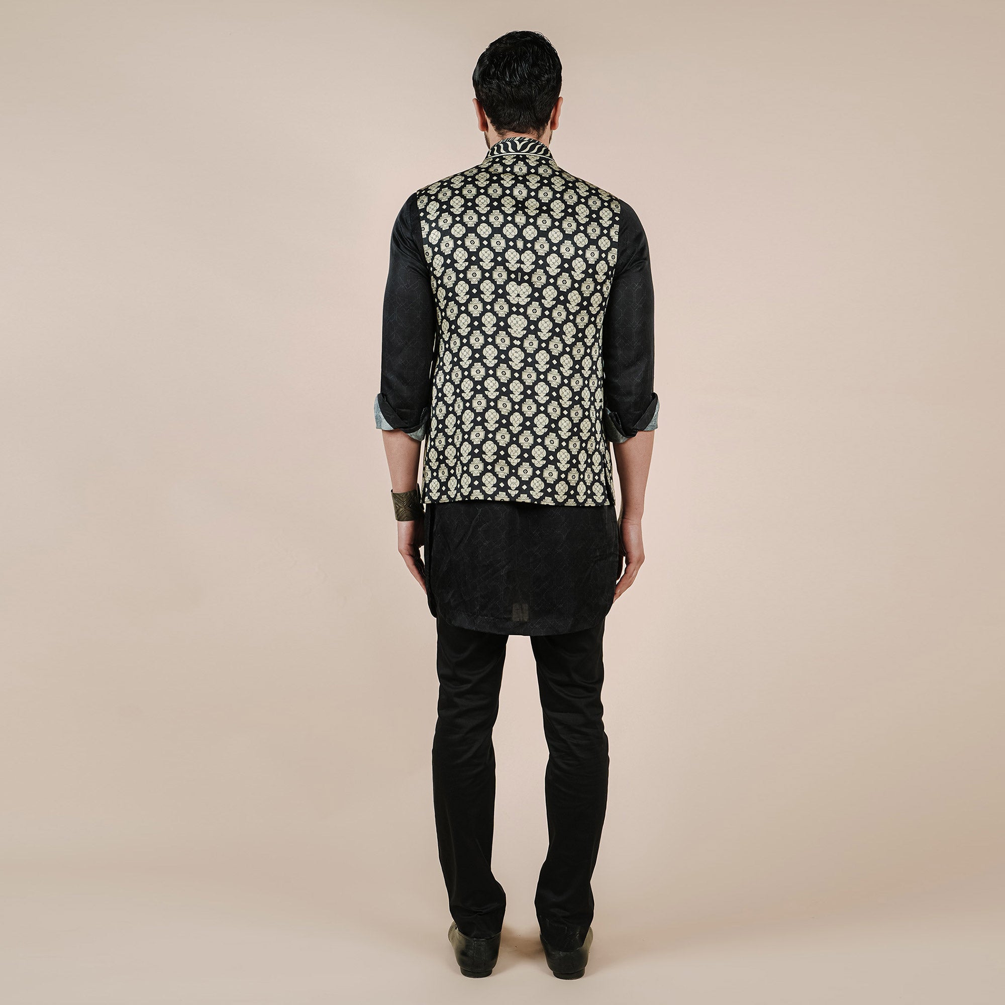 Creme Ivory Printed Nehru Jacket