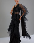 Black Crepe & Organza Draped Ruffled Saree