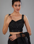 Black Crepe & Organza Draped Ruffled Saree