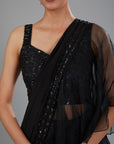 Black Crepe & Organza Draped Ruffled Saree