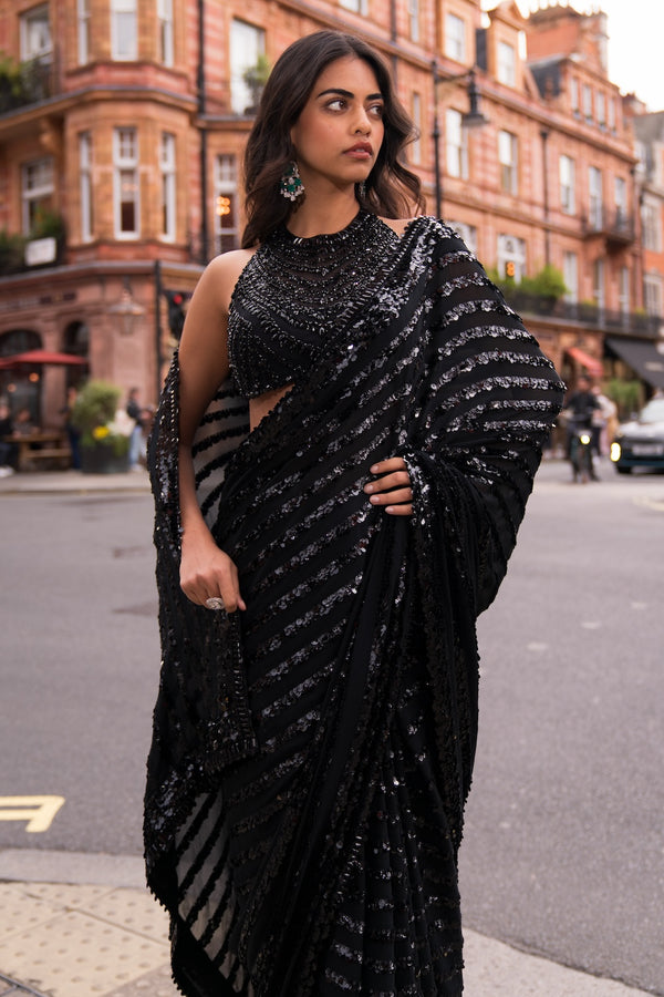 Black Sequin &amp; Crystal Saree