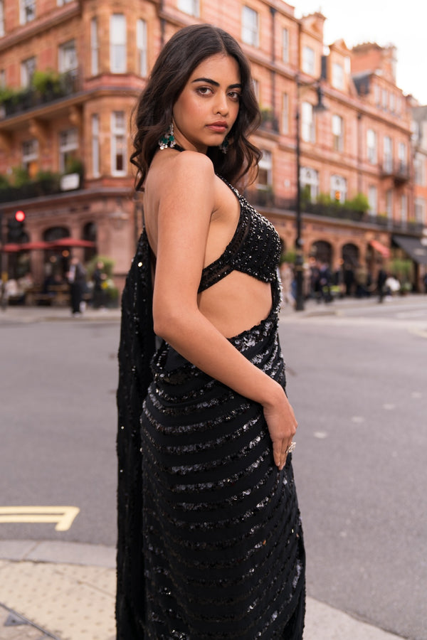 Black Sequin &amp; Crystal Saree
