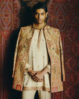 Saffron Kashida Open Jacket with Short kurta and Trouser set