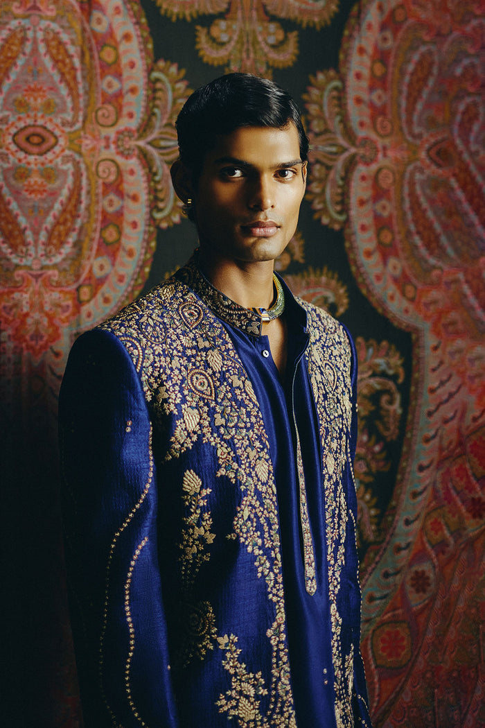 Blue Heritage Open Jacket with Kurta &amp; Pant Set