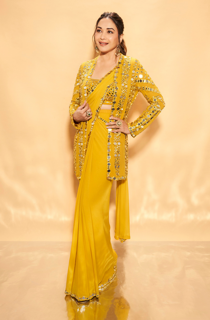 Yellow Mirror Work Stitched & Jacket Saree 1