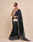 Ivory - Midnight Blue Chevron Saree Set