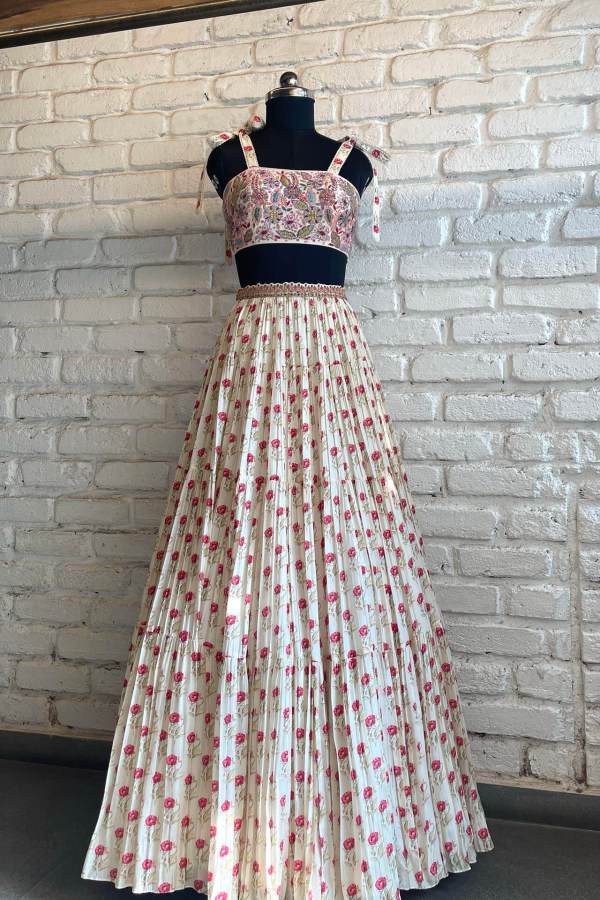 White &amp; Pink Bow-Tye Lehenga