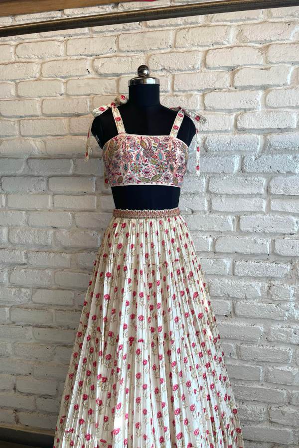White &amp; Pink Bow-Tye Lehenga