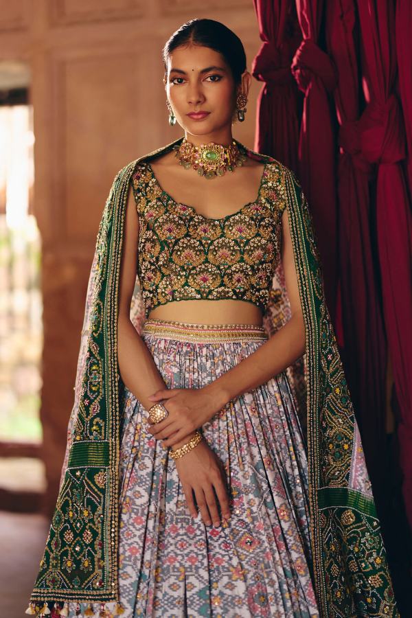 Ivory &amp; Green Patola Lehenga