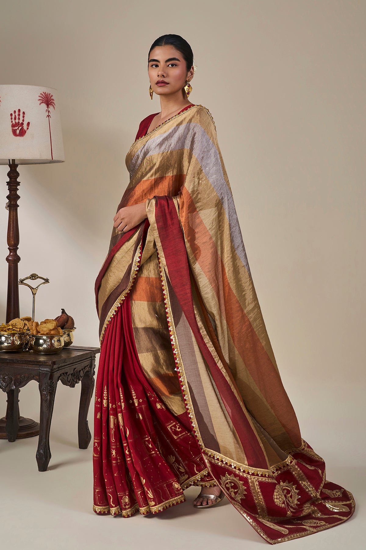 Red Tropical Stardust Saree