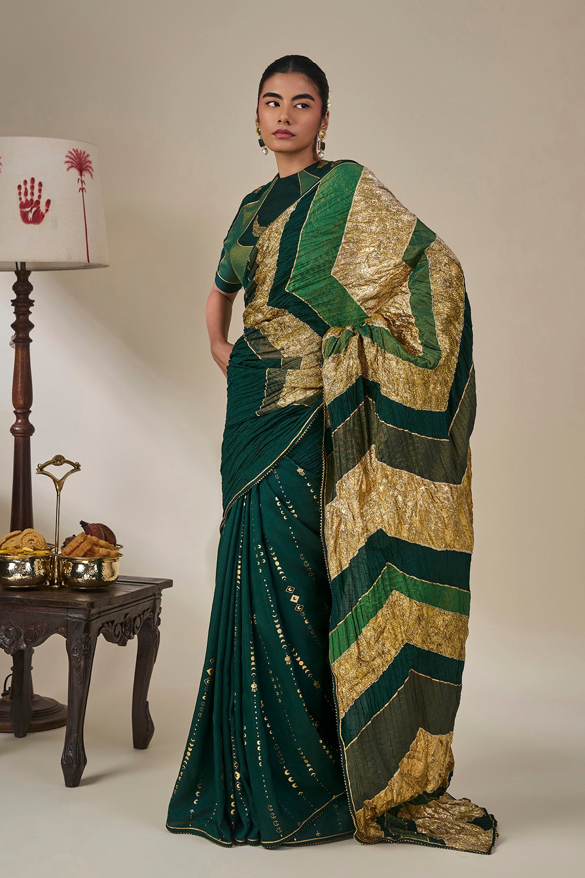 Bottle Green Celestial Moonfall Crush Saree