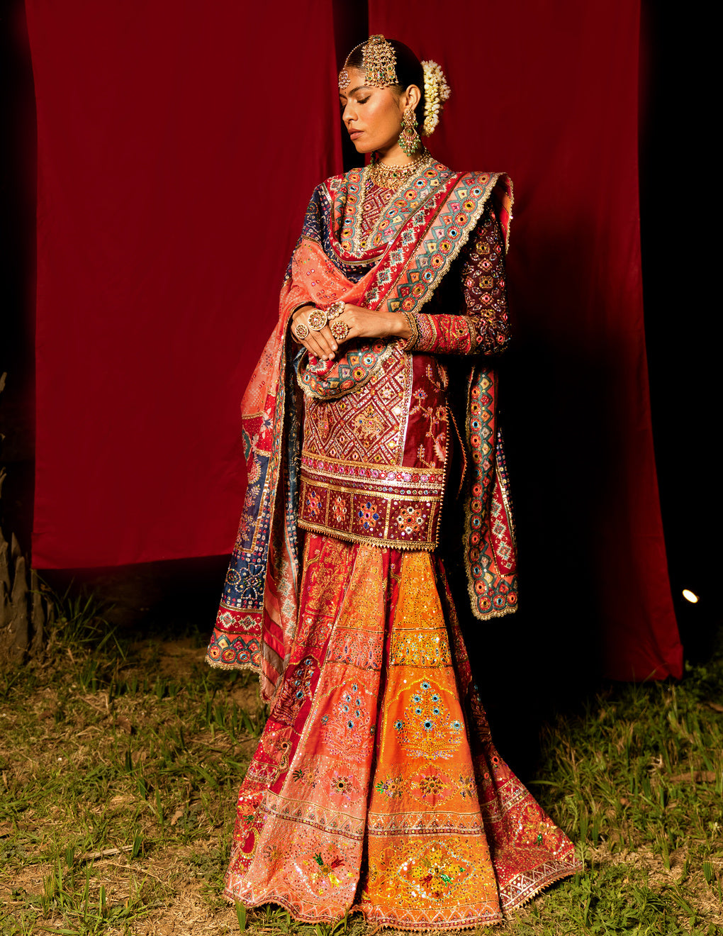 Red and Orange Banno Sharara Set