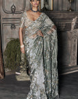 The Silent Waterlillies Aquamarine Tissue Saree