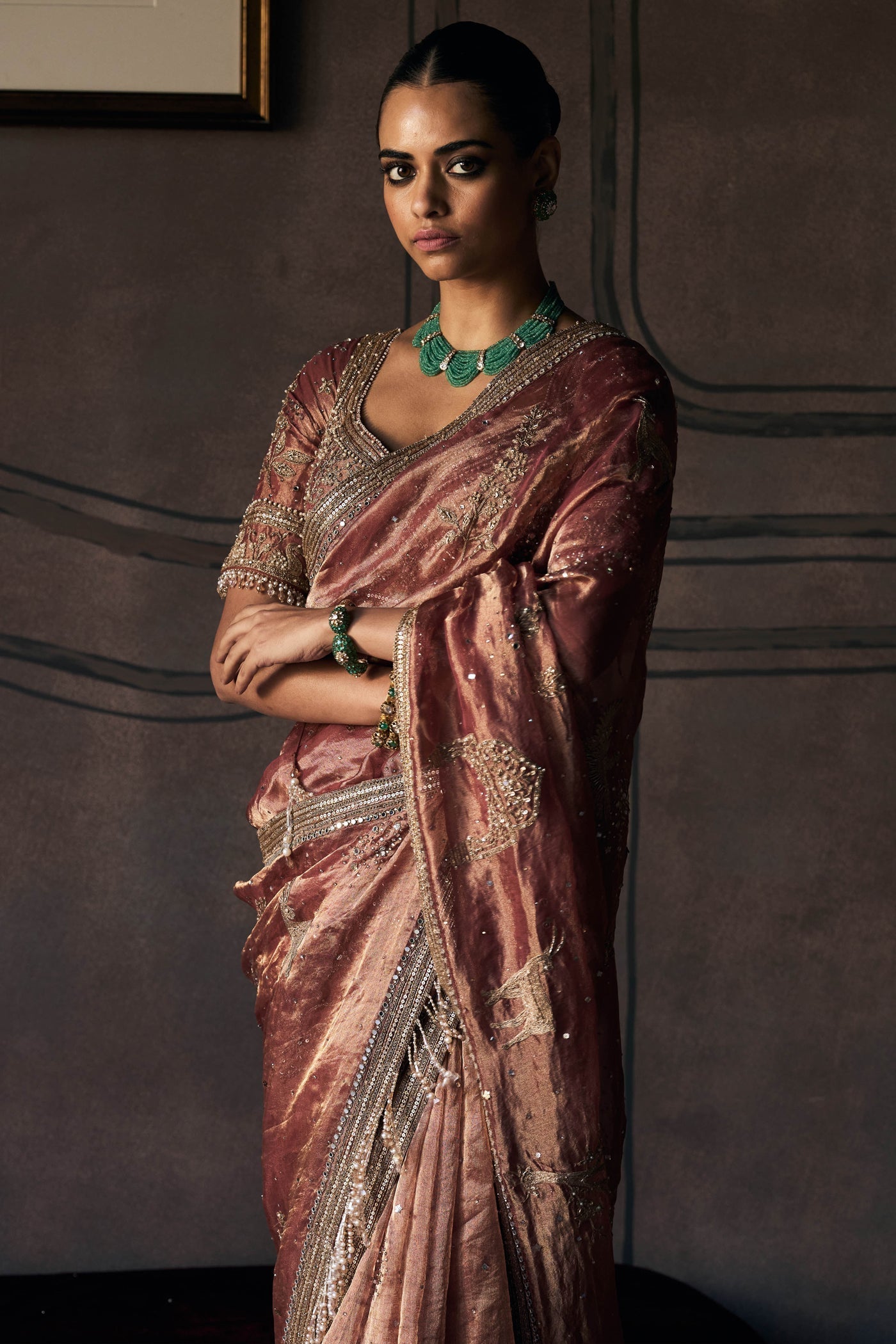 The Tales Of Masai Aged Gold Tangerine Tissue Sarees