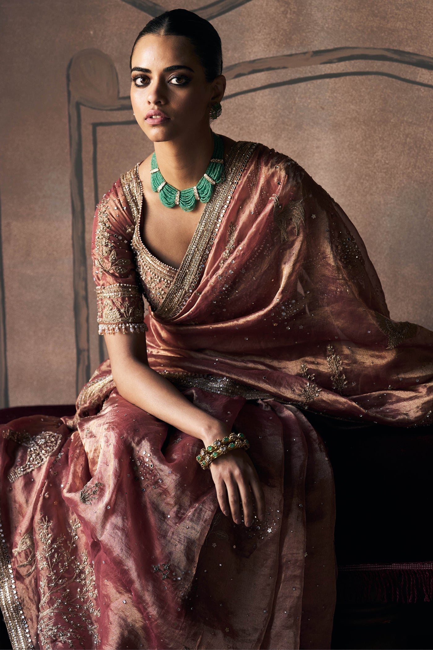 The Tales Of Masai Aged Gold Tangerine Tissue Sarees