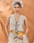 Ivory Stripe Garden Grid Saree
